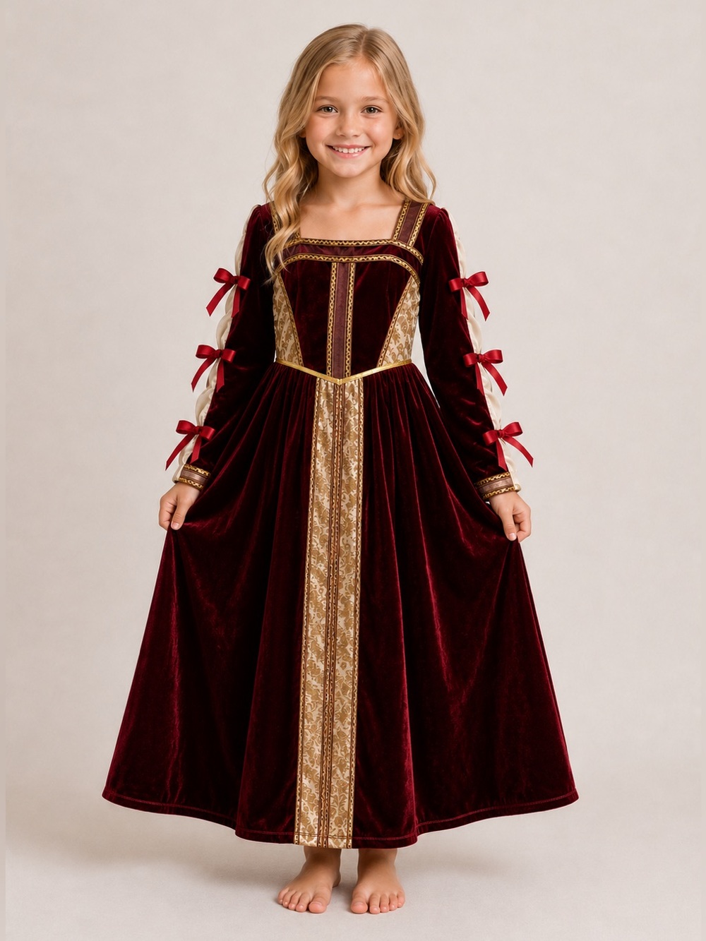 Halloween Costume Girls‎ Medieval Red Gold Dress Velvet Renaissance Size Medium